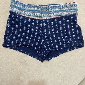 Navy Blue Patterned Fold-over Waist Yoga Shorts